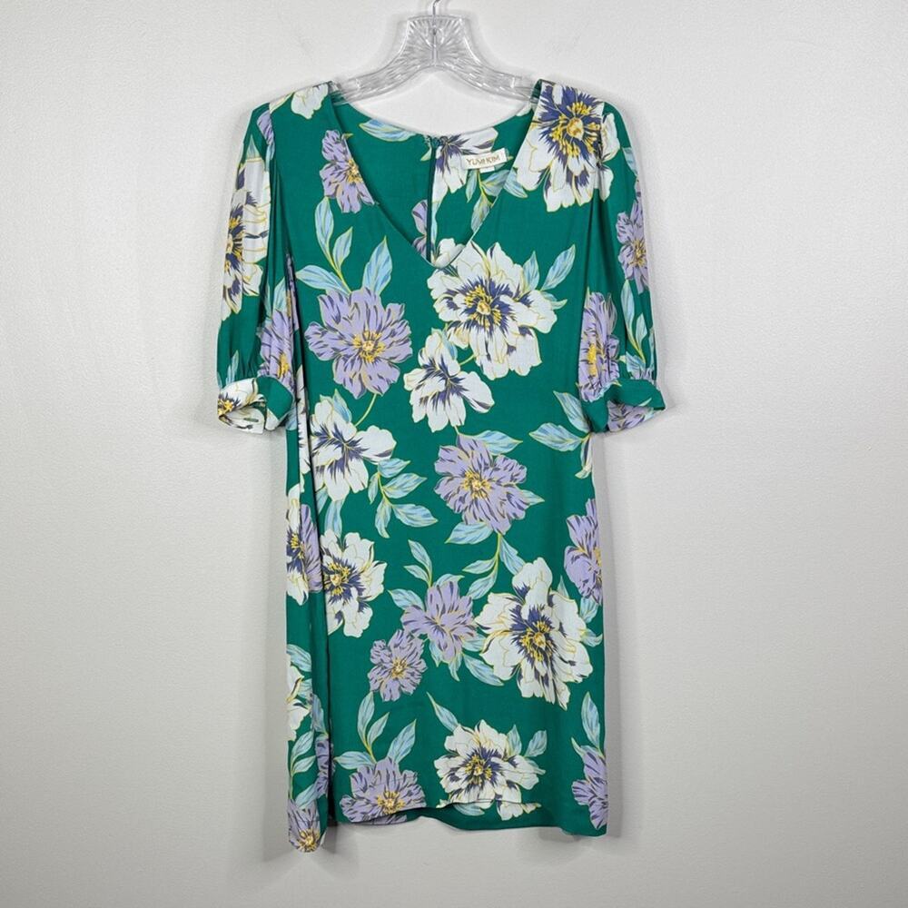 Yumi Kim Bleeker Street Dress S Small Green Floral V-Neck Mini Silk Feel Boho